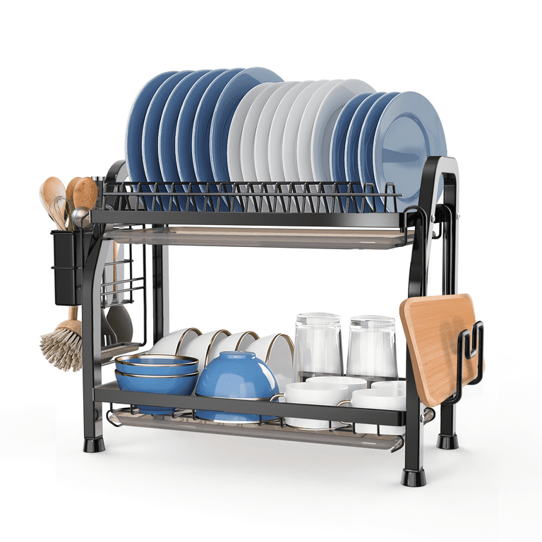 Riousery 2 Tier Dish Racks for Kitchen Counter, Dish Drying Rack with Dish  Drainer, Durable Stainless Steel Dish Rack Drain Set with Utensil Holder,  Cutting Board Holder, Kitchen Dishes Organizers 