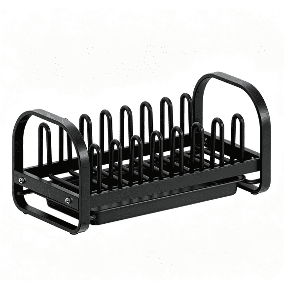 Riousery Mini Dish Drying Rack, Compact Stainless Steel Dish Rack with 7 Slots and Removable Drip Tray, 14.2 x 6.9 x 6.1 in, Black