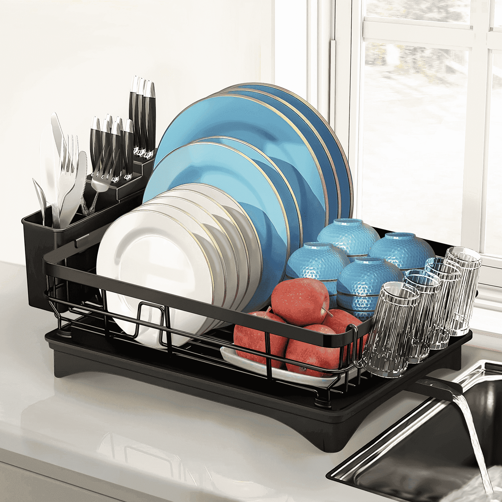 Riousery Dish Drying Rack, Large Dish Rack with Self-Draining Drainboard, 3-Piece Stainless Steel Dish Drainer with Utensil Holder and Cup Holder