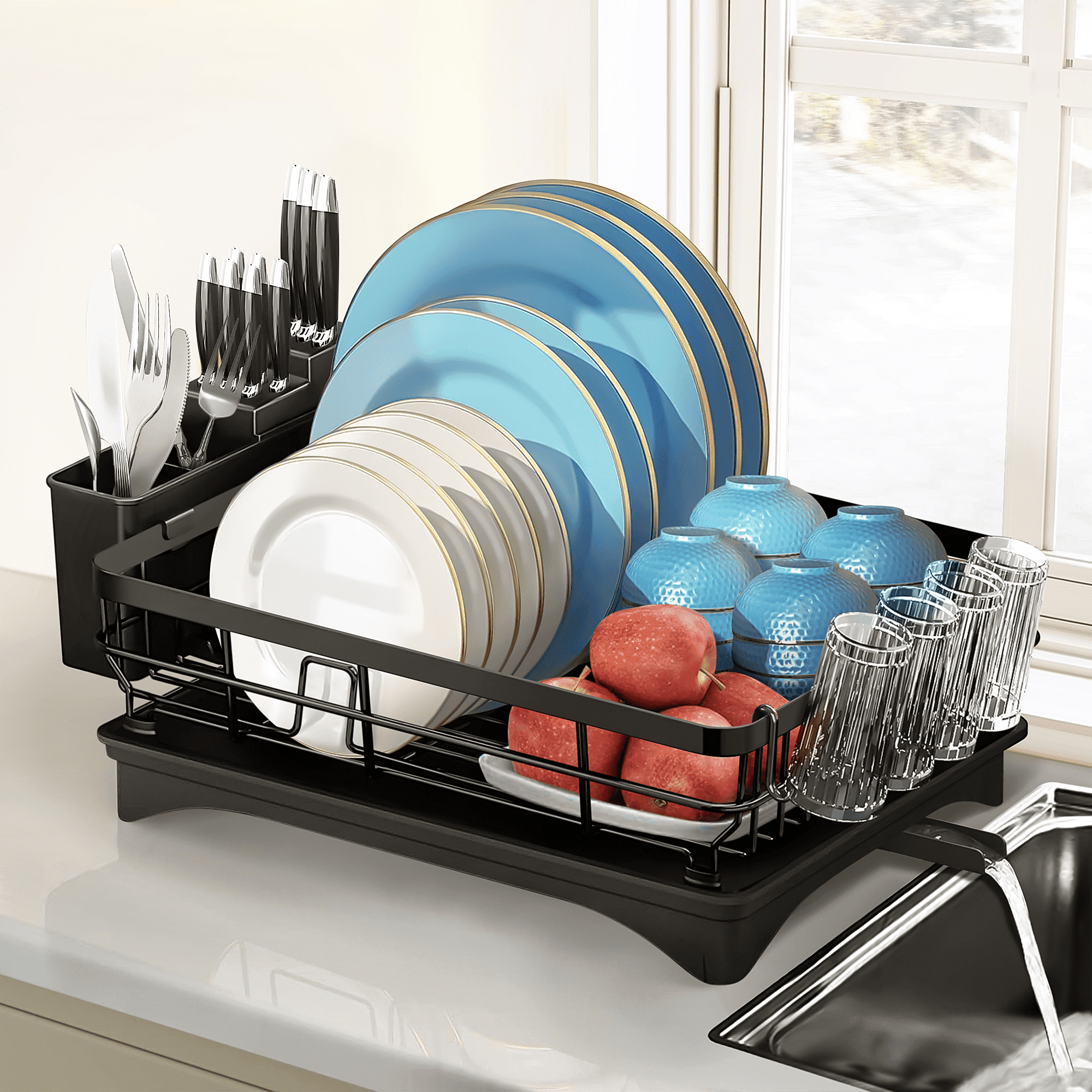 Dish Drying Rack, Expandable Dish Rack for Kitchen Counter(14'' to 20)  Auto-Drain Stainless Steel Cutlery Rack and Utensil Holder, Kitchen Dish