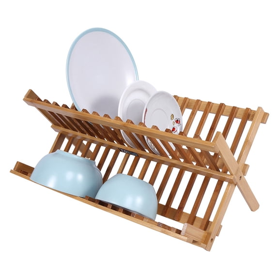 Riousery Double Tier Bamboo Foldable Dish Rack Sink Drainer Plate Dryer Cutlery Organizer Holder Kitchen Drying Stand 17.9 inches / 45.5 cm