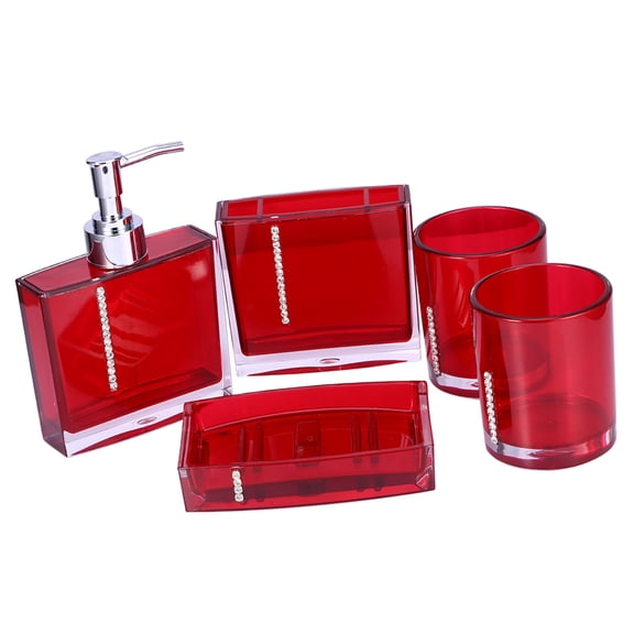 Riousery Elegant 5-Piece Acrylic Bathroom Accessories Set, Includes Soap Dispenser, Toothbrush Holder, Soap Dish, and 2 Tumblers, Red Finish, 6.3 inches / 16 cm Compact Design