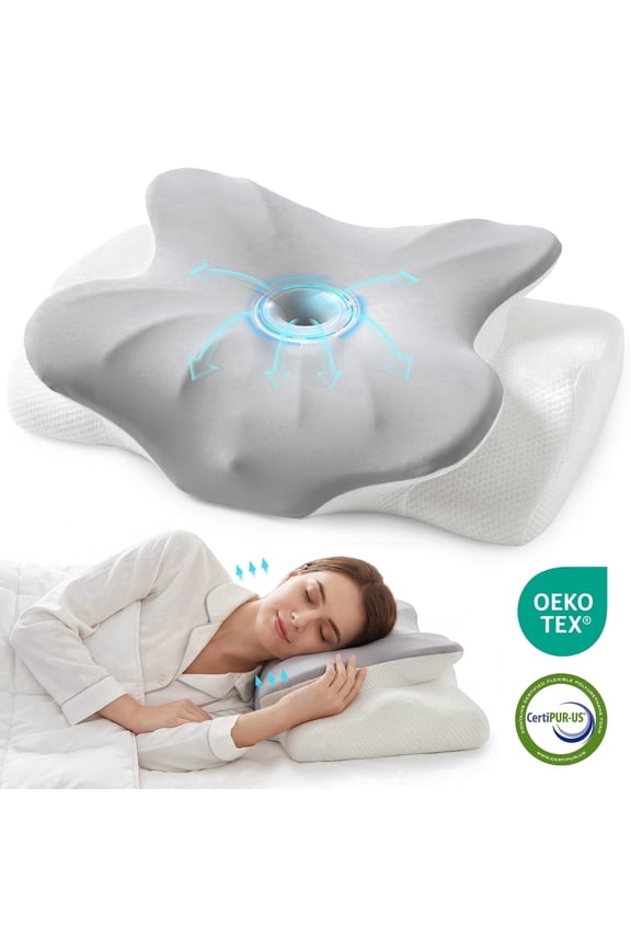 Cervical Neck Support Pillow, Memory Foam Contour Pillow for Back and Side Sleepers, Dual-Height Design, Cooling Cover