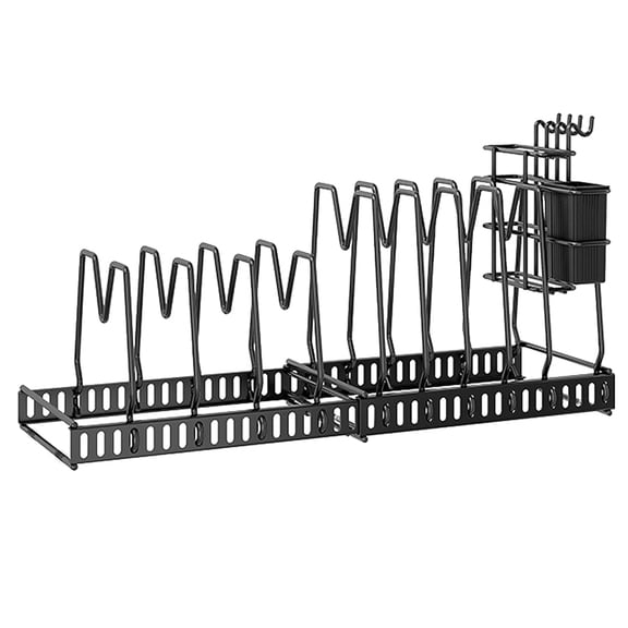 Riousery Expandable Pan Rack Cookware Organizer, 11.81-23.62 in / 30-60 cm Adjustable Stainless Steel Kitchen Pot Lid Holder with Detachable Knife Holder and Non-Slip Pads, Black