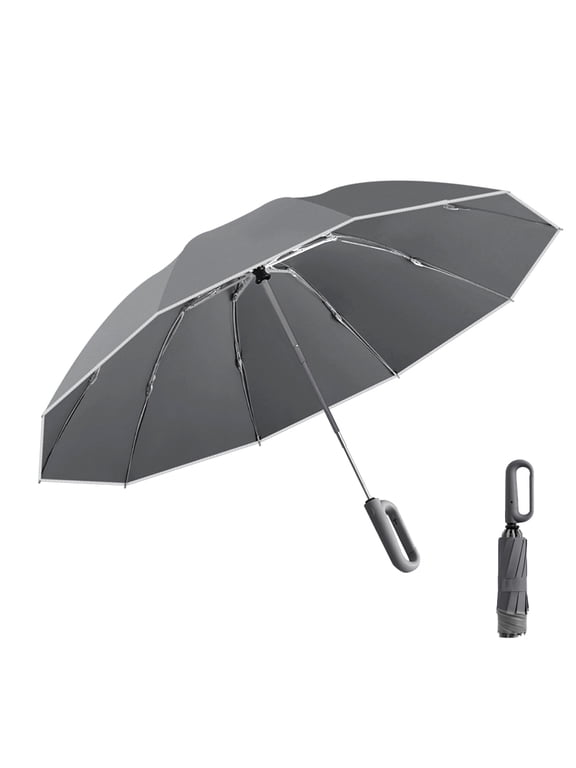 Fully Automatic Reverse Folding Umbrella with Carabiner Handle, 10 Ribs Windproof Travel Umbrella for Men and Women, Gray (42 inches / 106.6 cm)