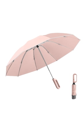 Fully Automatic Reverse Folding Umbrella with Carabiner Handle, 10 Ribs Windproof Travel Umbrella for Men and Women, Pink (42 inches / 106.6 cm)