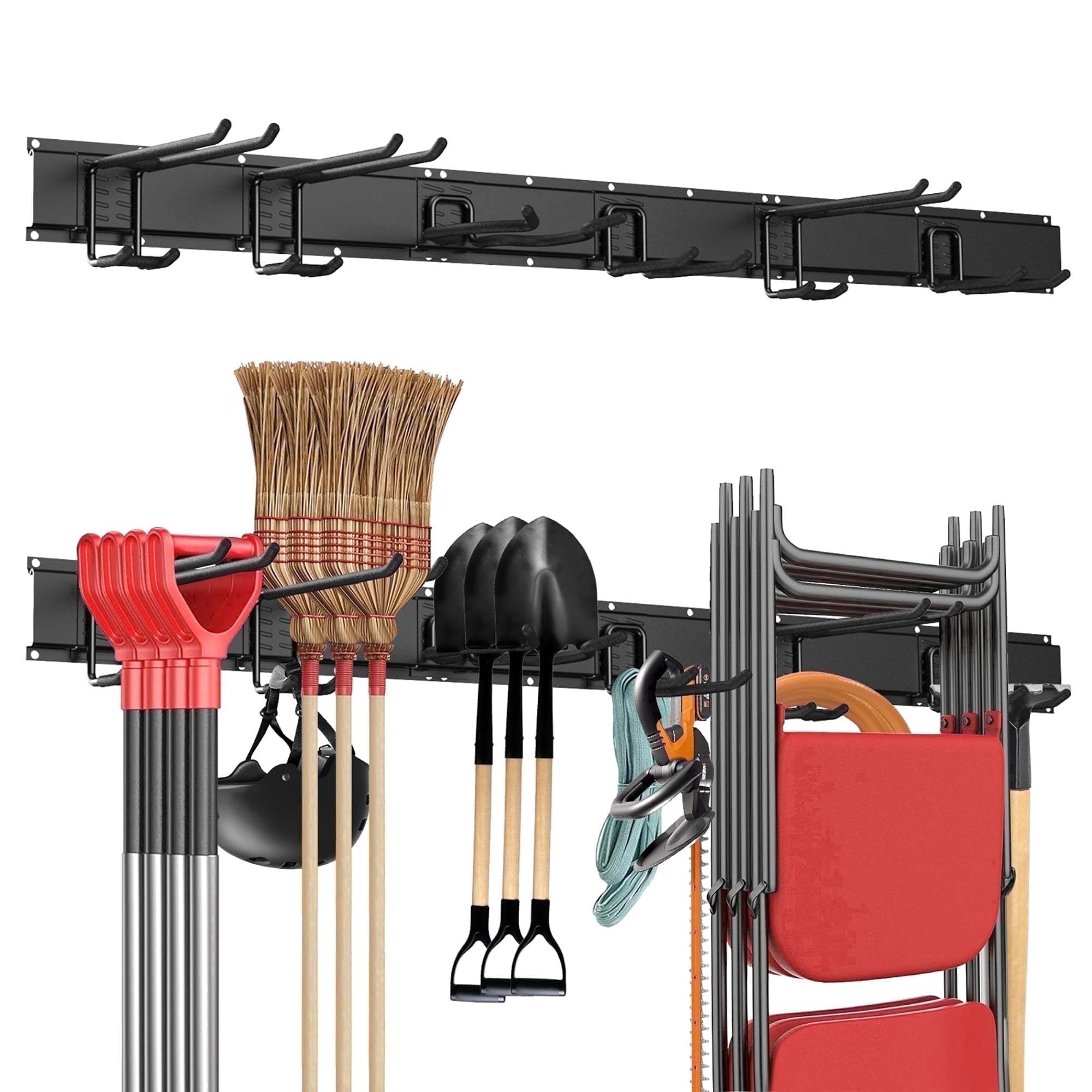 Riousery Garage Tool Organizer, Heavy-Duty Steel Wall Mount, 48-Inch Garage Organization Rack with 6 Adjustable Hooks for Garden and Yard Storage