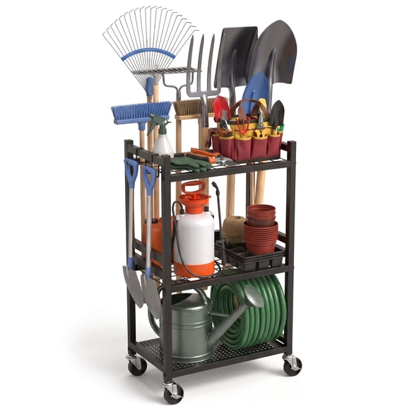 Riousery Garden Tool Organizer with Lockable Wheels, Heavy Duty Steel Yard Tool Rack, Garage Storage Stand with Hooks for Brooms, Rakes, Shovels, Mops