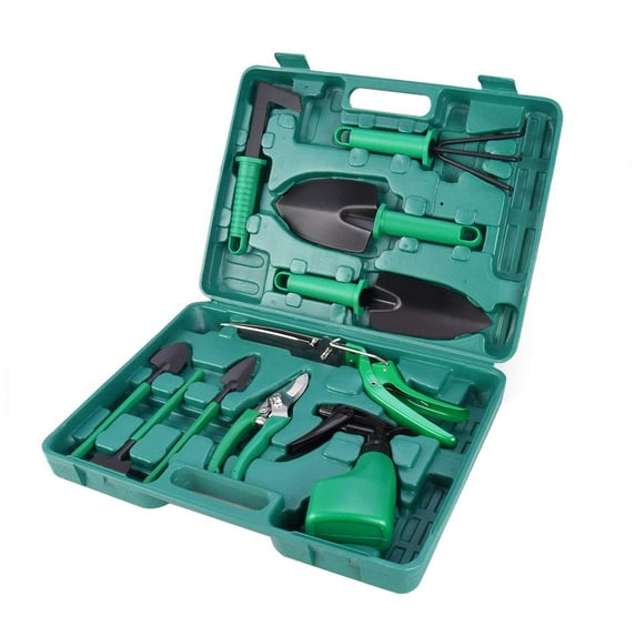 Riousery Garden Tool Set 10pcs Stainless Steel Kit with Organizer Case Heavy Duty Gardening Work Set Including Pruner Rake Big and Small Shovel Sprayer Weeding Scissor Potted Gadget and More Tool