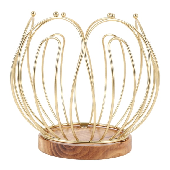 Riousery Gold Coffee Pod Holder Basket with Wooden Base, Wrought Iron Metal Wire Coffee Capsule Storage Organizer for Home Kitchen Countertop Table, 7 inches / 18 cm