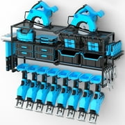 Riousery Heavy Duty Power Tool Organizer Wall Mount, 8 Drill Holder Rack with Hooks, 4-Tier Tool Storage Shelf with 350Lbs Load Capacity, Garage Tool Rack for Workshop Shed Pegboard Wall