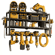 Riousery Power Tool Organizer Wall Mount, 4-Tier Heavy-Duty Carbon Steel Storage Rack with 8 Drill Holders, 3 Side Hooks, 350 LBS Capacity