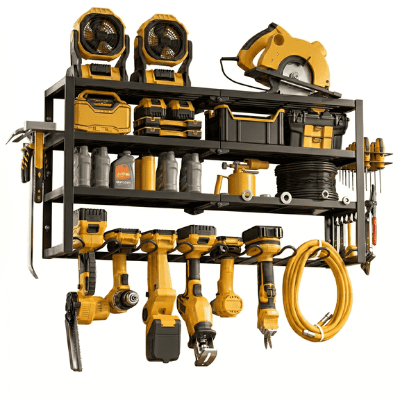 Riousery Power Tool Organizer Wall Mount, 4-Tier Heavy-Duty Carbon Steel Storage Rack with 8 Drill Holders, 3 Side Hooks, 350 LBS Capacity