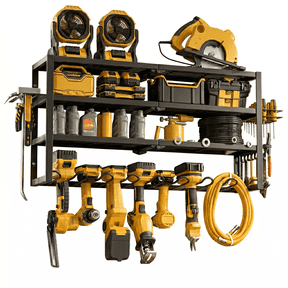 Riousery Power Tool Organizer Wall Mount, 4-Tier Heavy-Duty Carbon Steel Storage Rack with 8 Drill Holders, 3 Side Hooks, 350 LBS Capacity