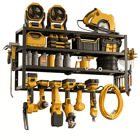 Riousery Power Tool Organizer Wall Mount, 4-Tier Heavy-Duty Carbon Steel Storage Rack with 8 Drill Holders, 3 Side Hooks, 350 LBS Capacity