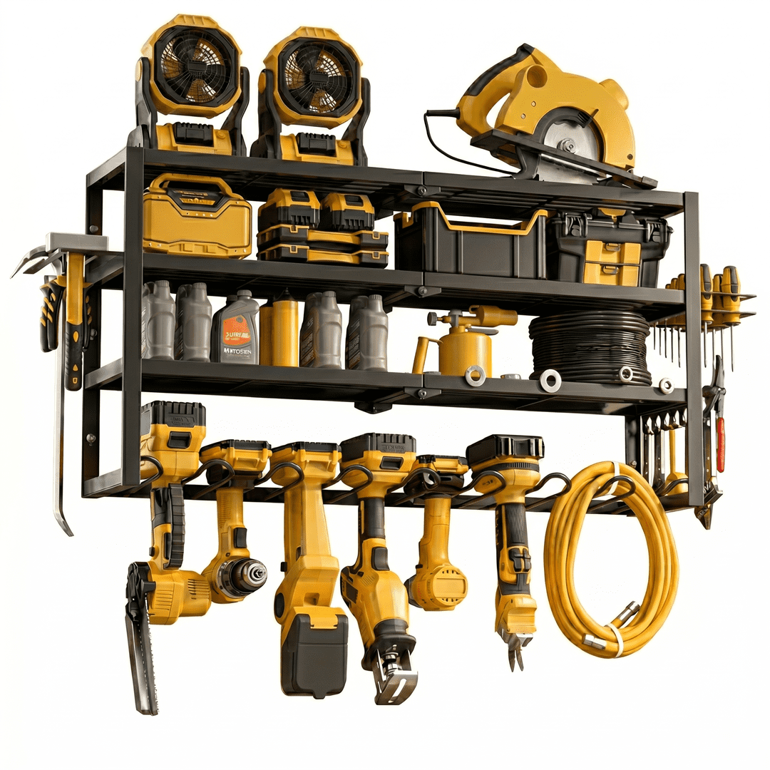 Riousery Heavy Duty Power Tool Organizer Wall Mount, 4-Tier Garage Storage Tool Rack with 8 Cordless Drill Holders, 350 LBS Capacity