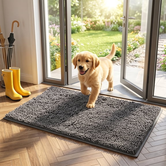 Riousery Indoor Door Mat, Super Absorbent Chenille Entryway Rug with Non-Slip Hot Melt Backing, Machine Washable Mud Mat for Entryway, Bathroom, Pet Area, Gray, 20" x 31.5"