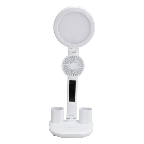 Riousery LED Desk Lamp with Fan and Clock, Foldable Eye Care Table Lamp with Pen Holder, 3 Color Temperatures Stepless Dimmable Touch Control, 3200mAh USB Rechargeable Battery Operated, White