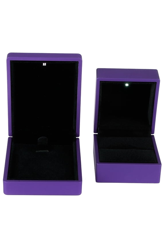 LED Jewelry Box, Velvet Ring Box & Pendant Necklace Display Gift Case for Engagement Wedding Proposal, 2.4x2.3x2.0 inches / 6.2x5.9x5.0 cm, Luxury Soft Plush Purple Storage Present Organizer