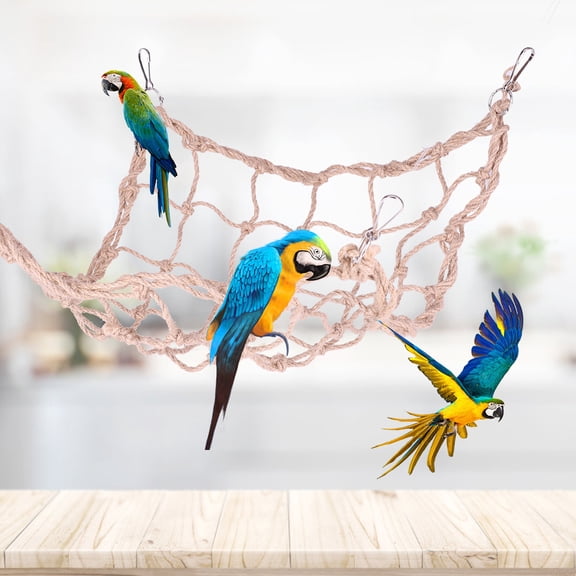 Riousery Large Hemp Rope Climbing Net for Parrots - Natural Chewing & Swinging Toy with Sturdy Hooks - Durable Cage Accessories for Macaws & Cockatoos (5.51 inches / 14 cm)