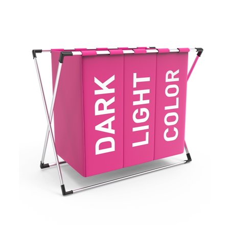 Riousery Laundry Basket Clothes Hamper Sorter 3 Section, 135 L Storage Collapsible X Frame, Pink