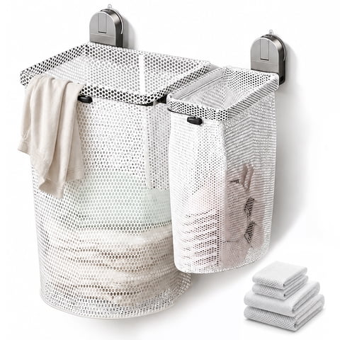 Riousery Laundry Hamper with 4 Removable Laundry Bags, Collapsible Large and Small Baskets, No-Drill Suction Cup Mount, Space-Saving Clothes Sorter