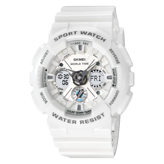 Riousery Men's Digital Sports Watch Waterproof 50M Chronograph Wristwatch with Alarm World Time LED Backlight 51.3mm Case 10.43 Inches Band - White