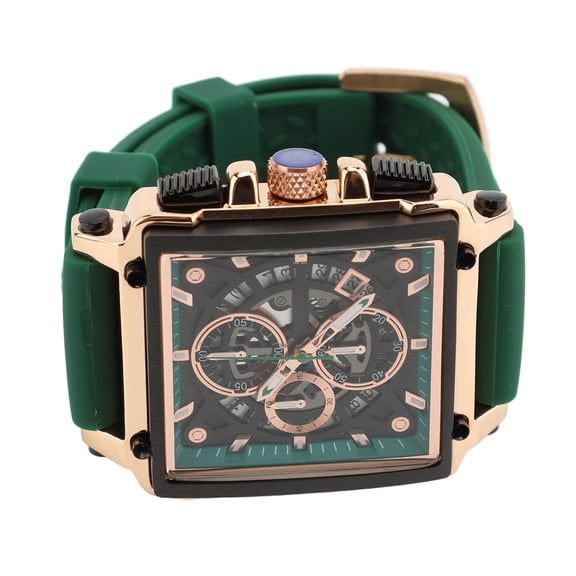Riousery Men's Quartz Chronograph Watch with Green Silicone Strap, Luminous Hollow Dial Analog Wristwatch, Water Resistant to 30M, Casual Fashion Dress Watch for Men (1.77 inches / 45mm Case)