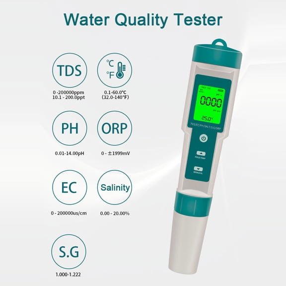 Riousery Multifunctional Digital 7 in 1 Water Quality Tester Portable High Accurancy Water Quality Test Pen Measurement Tool PH/TDS/EC/Salinity/ORP/S.G/Temperature (1.5 inches / 3.8 cm Width)