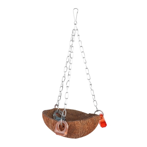 Riousery Natural Coconut Shell Bird Hammock & Hanging Basket Sling with Colorful Acrylic Rings, Swing Toy for Parrots and Small Birds, 5.5 inches / 14 cm