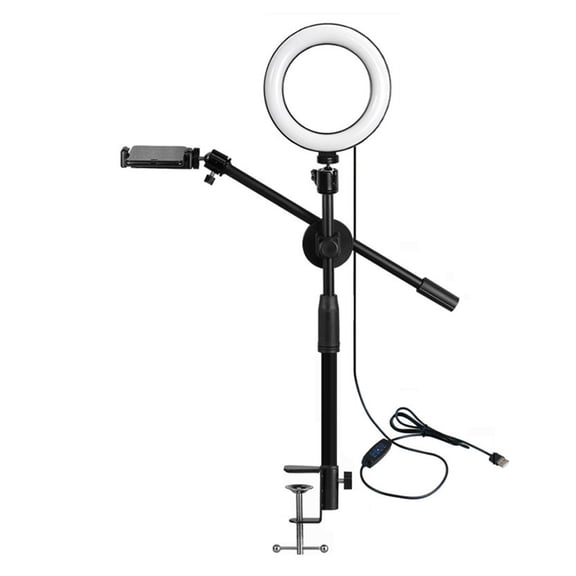 Riousery Overhead Camera Mount Desk Stand Phone Holder Adjustable Arm Tabletop with Gimbal & 16cm Fill Light