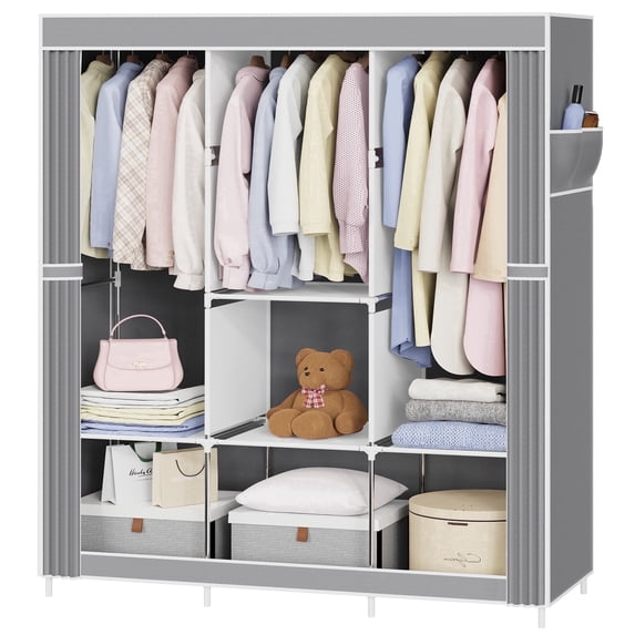 Riousery 49 Inch Portable Wardrobe Closet, Fabric Closet Organizer with 3 Hanging Rods and 6 Storage Shelves, Freestanding Steel Frame, Dustproof Cover, Easy Assembly, Grey