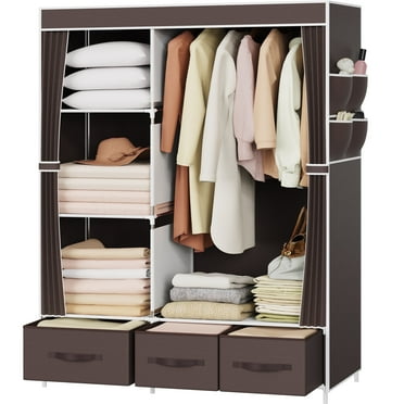 Riousery Portable Closet, Bedroom Wardrobe Closet Organizer with Cover, 3 Storage Boxes, Hanging Rods and Shelves, Brown