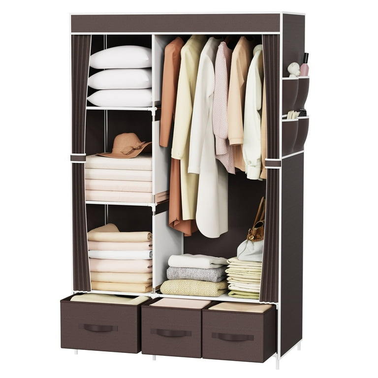 Riousery Portable Closet Bedroom Wardrobe Closet Organizer with Cover 3 Storage Boxes Hanging Rods and Shelves Brown