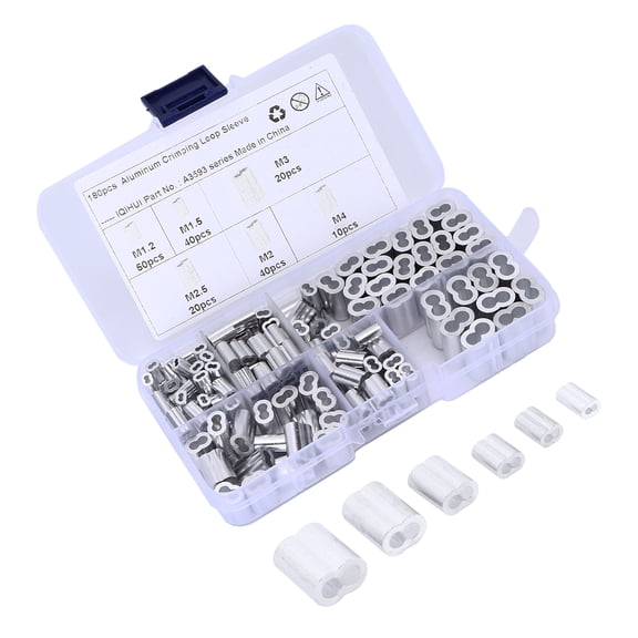 Riousery Premium 180pcs Crimping Loop Sleeve Kit 6-Size M1.2-M4 Aluminum Double Barrel Ferrule Assortment Universal Heavy Duty Wire Rope Cable Line End Sleeve Set with Plastic Box (14 x 7 x 3 inches)