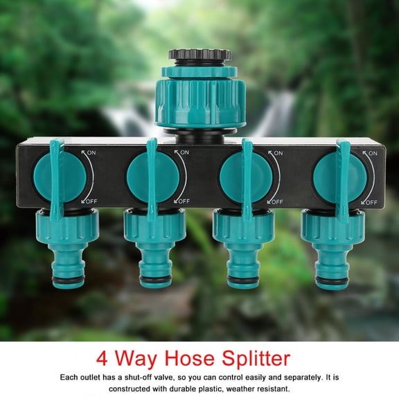 Riousery Premium 4 Way Garden Irrigation Watering Tap Hose Splitter Connector Adapter with Shut Off Valve, Durable Plastic, Green and Black, 6.97 inches / 17.7 cm