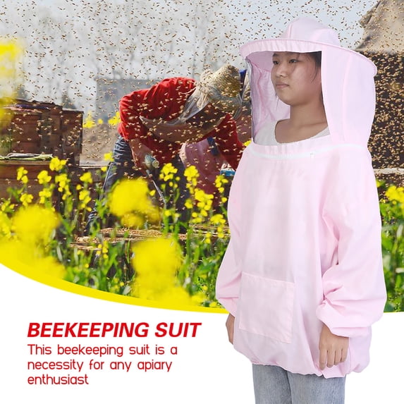 Riousery Professional Beekeeping Protective Jacket Suit Pink Unisex Beekeeper Equipment Pullover with Round Veil Hat, Lightweight Polyester (15.75 inches / 40 cm)