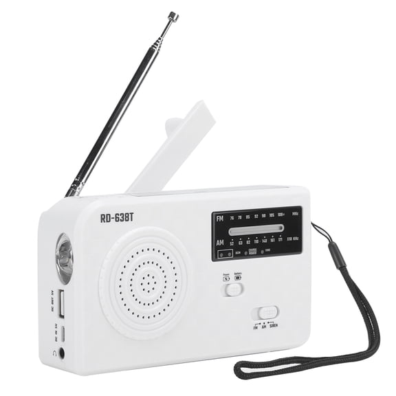 Riousery RD638 Portable Solar Emergency Hand Crank AM FM Radio with 1LED Flashlight 90dB Alarm and 500mAh Battery for Outdoor Survival Gear, White (16 cm / 6.3 inches)