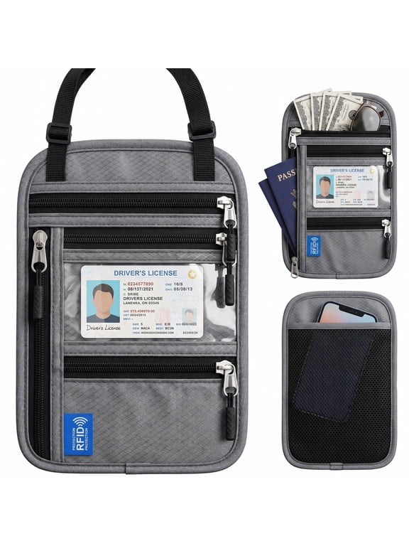 RFID Passport Holder Neck Wallet, Waterproof Nylon Travel Wallet with ID Window, Zipper Pockets and Adjustable Strap for Women and Men, Light Gray