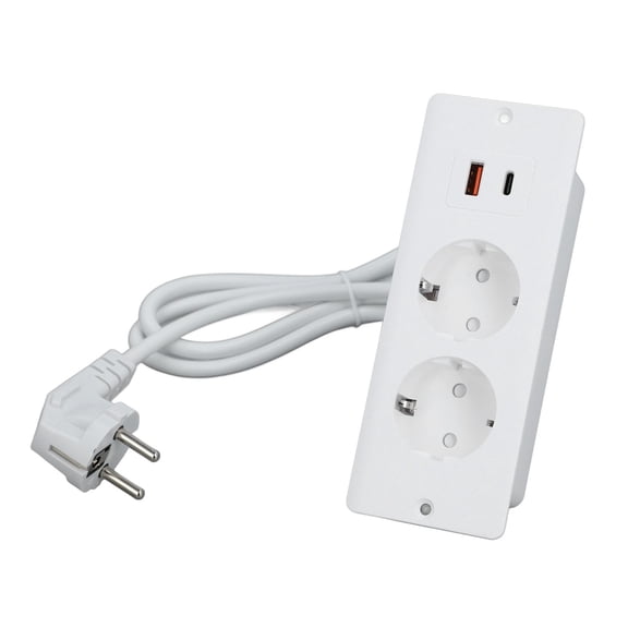 Riousery Recessed Socket 2 Outlets with PD20W USB-C & USB-A Ports, Embedded Furniture Power Strip with 1.5m / 4.9ft Cord, 220V Desk Hidden Outlet, White