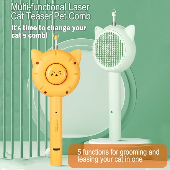 Riousery Retractable Cat Teaser Wand Toy with Red Laser Pointer Feather Bell and Pet Comb, Rechargeable Interactive Teasing Stick for Kittens and Cats, Green (9.06 inches / 23 cm)