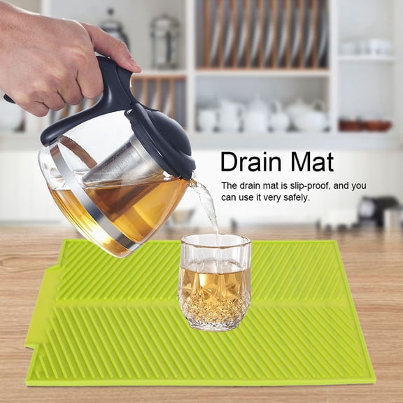 Riousery Silicone Rectangular Dish Drying Mat, 15.35 inches / 39 cm Non-Slip Kitchen Drain Pad for Cups and Dishes, Heat Resistant Countertop Mat, Green