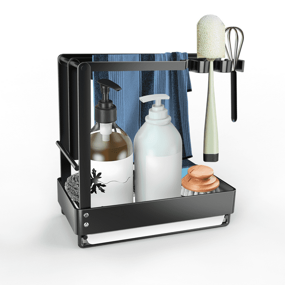 Riousery Sink Caddy Organizer with Dishcloth Towel Brush Holder,Kitchen Sink Accessories, Sink Organizer with Removable Drain Tray,Folding Design,Black