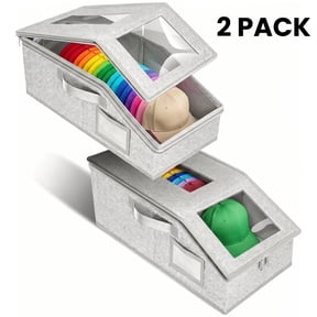 Riousery Stackable Hat Storage Boxes, 2 Pack Baseball Cap Organizer with Clear Windows, Foldable Closet Storage Bin for up to 30 Caps, Gray