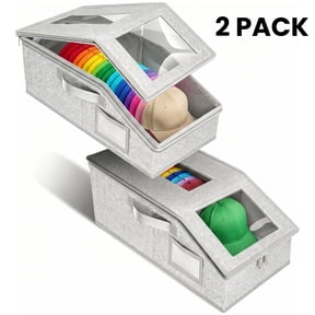 Riousery Stackable Hat Storage Boxes, 2 Pack Baseball Cap Organizer with Clear Windows, Foldable Closet Storage Bin for up to 30 Caps, Gray
