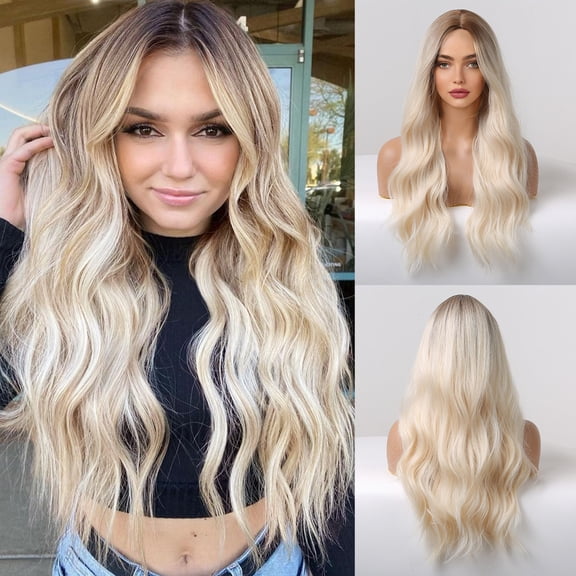 Riousery Synthetic Blonde Curly Wavy Wig Front Lace Long Hairpiece for Womens Cosplay Party Daily Wear