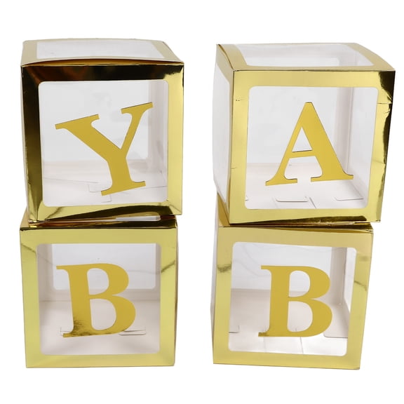 Riousery Transparent Baby Shower Balloon Box Decorations Set 4 Clear Pre-Folded Paper Plastic Boxes with Letters and Stickers for Gender Reveal Birthday Party Backdrop, 9.8in/25cm