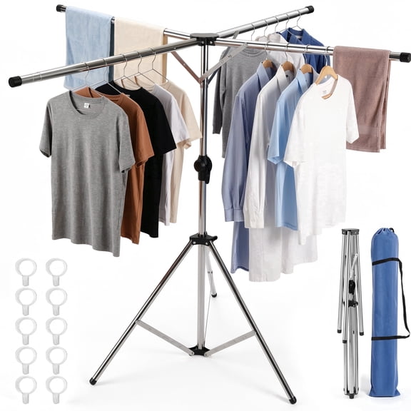 WEEUSE Tripod Clothes Drying Rack, 4-Arm Foldable Laundry Drying Stand with 71" Adjustable Height & 79" Extra-Wide Drying Space, Stainless Steel Portable Rack with Windproof Hanger Hooks