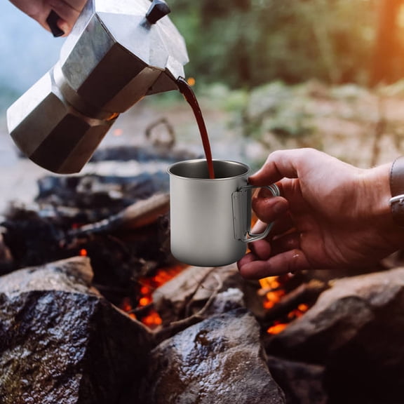 Riousery Ultralight Titanium Cup Outdoor Portable Camping Mug with Foldable Handle and Lid, Backpacking Cookware Pot for Hiking, Silver, 450ml / 15.22 fl oz Capacity
