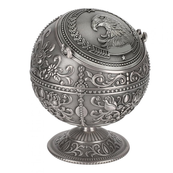 Riousery Vintage Zinc Alloy Ashtray with Lid, Retro Globe Eagle Design Windproof Tabletop Decor for Home and Office, 4.8 inches / 12.3 cm Height, Bronze